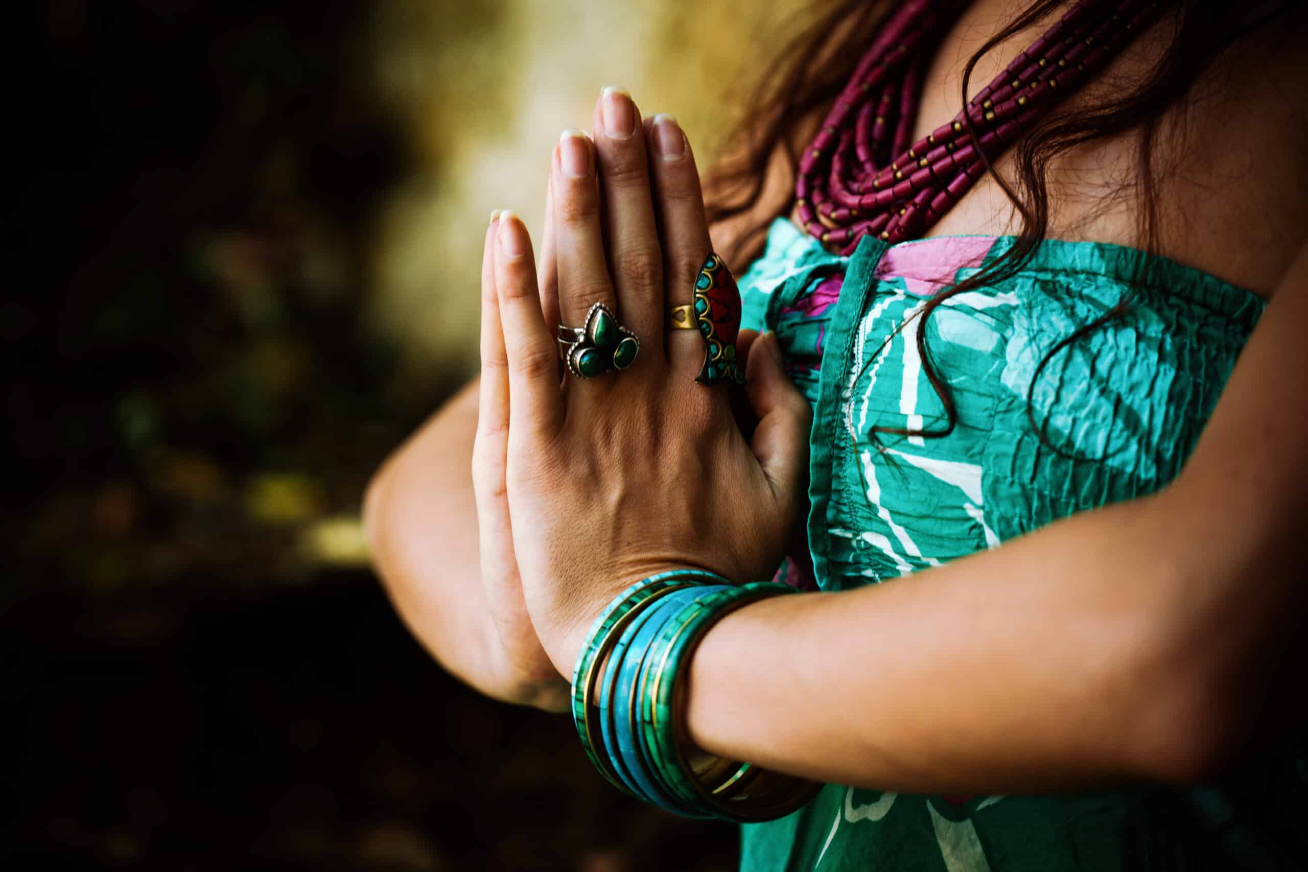 woman practice yoga outdoor Anjali Mudra